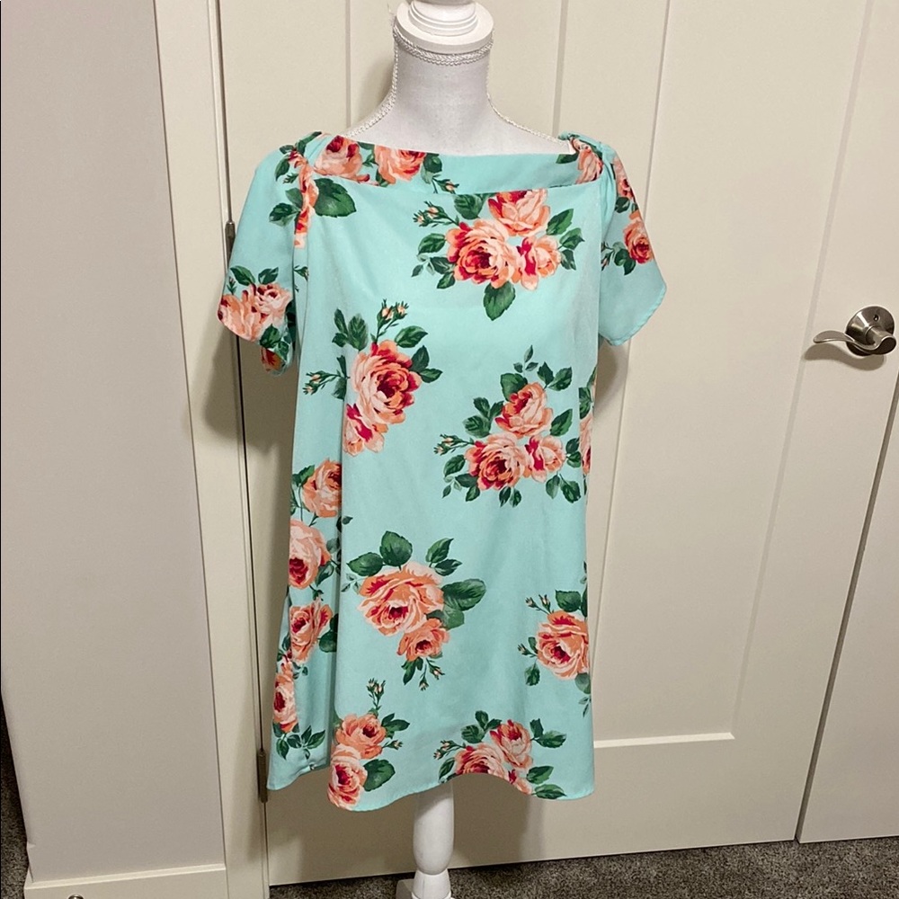 Mine Size L Juniors Floral Print Dress - Mint Green with Pink Roses!